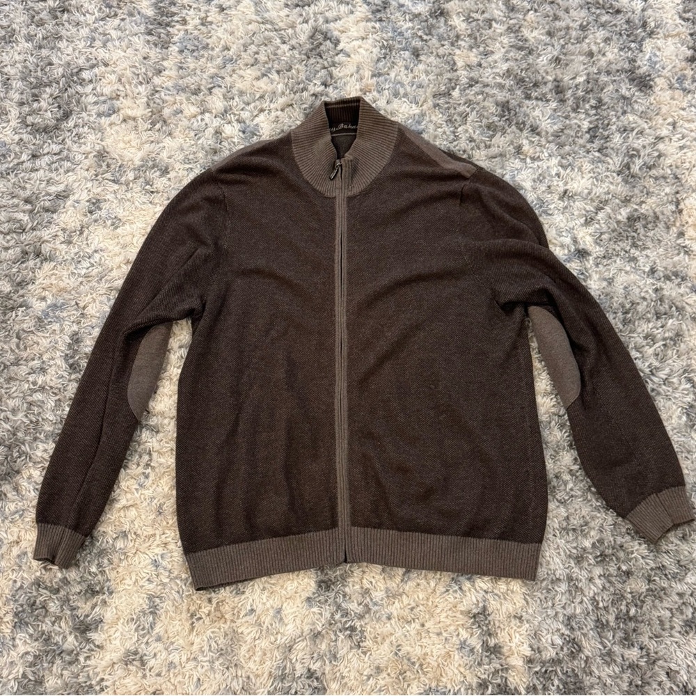 Tommy Bahama Cotton / Cashmere Full Zip Elbow Patch Sweater in Brown Size L